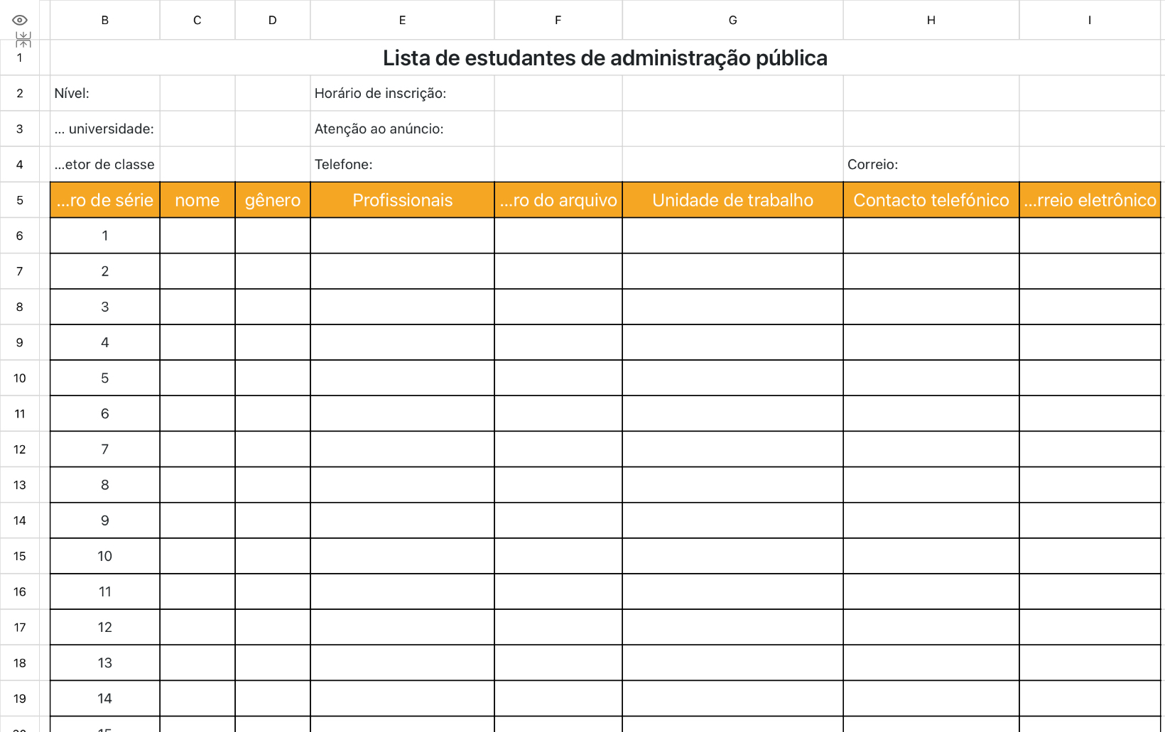 Lista de estudantes de administração pública